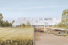 an artist's rendering of people walking on a boardwalk next to a large glass building