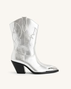 Upper Material : Vegan   Leather Lining Material: Lycra Item Type: Boots Silver Hardware Heel Height:  6.5cm Sole Material : TPU Ankle Cowgirl Boots, Best Cowboy Boots, Mini Frock, Metallic Boots, Cowboy Boot, Silver Heels, Cowgirl Boots, Bag Straps, Western Boots