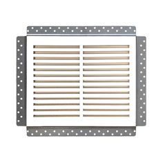 a metal grate with wooden dows and dots on it, against a white background