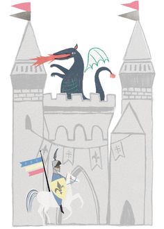 an illustration of a dragon on top of a castle with flags flying in the wind