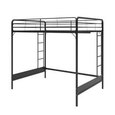 a black metal bunk bed with ladders on the top and bottom part, against a white background