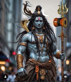 a man with long hair holding a hammer and wearing an elaborate costume on the street