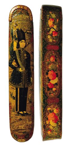 two wooden boxes with an image of a man and woman painted on the inside one