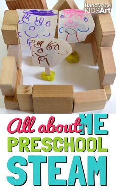 the cover of all about me preschool steam book, with an image of two wooden blocks and