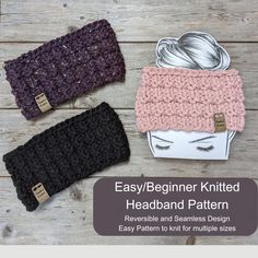 three crocheted headbands with the text easy beginner knitted headband pattern