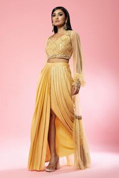 Gold Satin Sleeve Sequin Thread Embroidered Cape And Pleated Dhoti Skirt Set 2023 Gowns, Royal Blue Lehenga, Dhoti Skirt, Red Suits, Embroidered Cape, Raw Silk Lehenga, Blue Lehenga, Pink Lehenga, Purple Pants