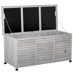 an outdoor storage box with two doors and chains hanging from the front, on white background