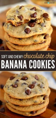 soft and chewy chocolate chip banana cookies stacked on top of each other with text overlay