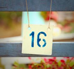 a blue and white sign with the number fifteen on it hanging from a wooden fence