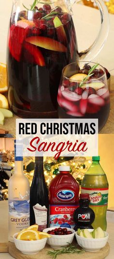 red christmas sangria is served in a pitcher and surrounded by ingredients