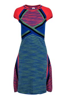 Current Boutique-M Missoni - Multicolor Striped Cap Sleeve Cotton Midi Dress Sz 4 Summer Knit Dresses For Work, Fitted Knit Midi Length Dress, Fitted Knit Knee-length Dress, Stretch Knit Midi Length Dress, Knit Summer Workwear Dresses, Fitted Knee-length Knit Dress, Modern Stretch Knee-length Dress, Casual Fitted Multicolor Dress, Multicolor Casual Midi Dress For Work