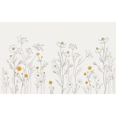 flowers and daisies on a white wallpaper with yellow accents in the corner,