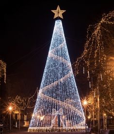 a large christmas tree lit up with lights