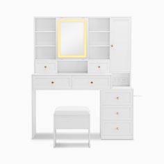 a white desk with drawers and a mirror on it's shelf next to a stool