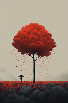 a person holding an umbrella standing under a red tree in the middle of a field