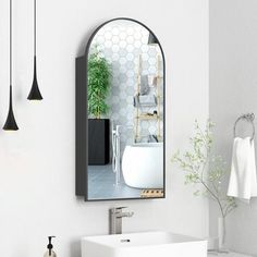 a bathroom with a sink, mirror and hanging plants in it's corner area