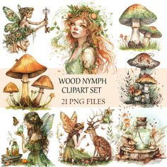 watercolor clipart set featuring fairy and mushrooms