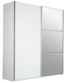 a white cabinet with mirrored doors and drawers