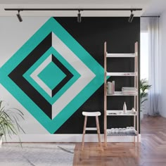 Teal, Black, and White Geometric Shapes - Peel and Stick Removable Wallpaper Full Size Wall Mural  - PIPAFINEART Geometric Wall Paint Patterns Lowe's, Geometric Accent Wall, Photography Landscape Nature, Bedroom Wall Designs, Bedroom Murals, Paint Wall