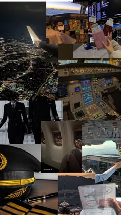 the collage shows many different images of pilots in their jetliners, including an airplane