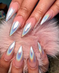 Chrome Stilleto Nails Designs, Chrome Stiletto Nails, Chrome Nails Designs, Perfect Manicure, Nail Candy, Almond Acrylic Nails, Silver Nails, Holographic Nails