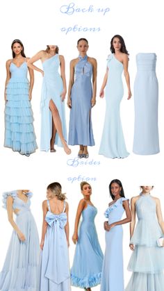 the different types of dresses are shown in blue and light blue, including one with ruffled