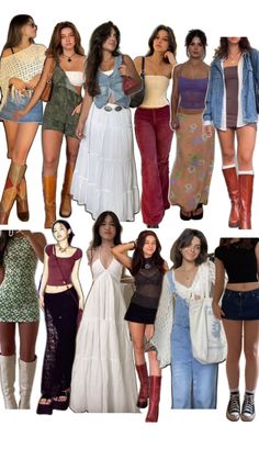 many different pictures of women in dresses and boots