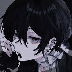 an anime character with black hair talking on a cell phone