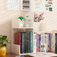 a book shelf filled with books next to a potted plant and pictures on the wall