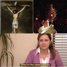 a woman sitting in front of a painting and an image of jesus on the cross