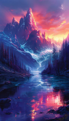 a painting of a mountain lake and trees at sunset