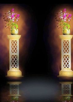 two tall vases with flowers in them sitting side by side