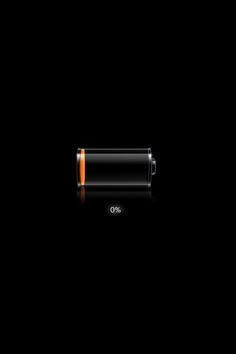 an orange battery on a black background with the word,'0 %'written below it