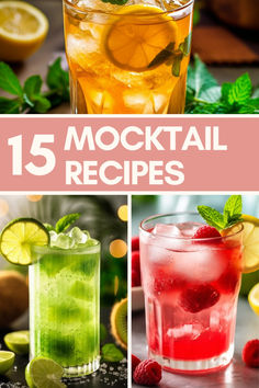 different types of cocktails with lime and raspberries