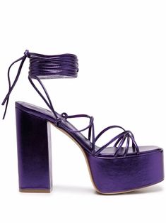 Violet-purple leather platform open-toe sandals from PARIS TEXAS featuring open toe, platform sole and rear tie fastening. Homecoming Shoes, Purple Sandals, Purple Heels, Metallic Look, Paris Texas, Italian Shoes, Cute Sandals, Round Toe Heels, Purple Leather