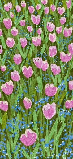 a painting of pink tulips and blue flowers