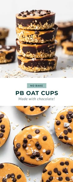 no bake peanut butter chocolate chip pb oat cups are stacked on top of each other