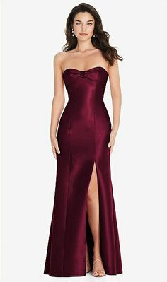 Bow Cuff Strapless Princess Waist Trumpet Bridesmaid Dress In Cabernet | The Dessy Group Red Wine Dress Prom, Red Wine Dress, Trumpet Silhouette, Wine Dress, Hourglass Silhouette, Trumpet Gown, Maroon Dress, Custom Dresses, Wedding Themes