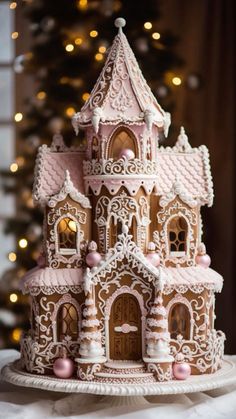 a pink and white gingerbread castle sitting on top of a table next to a christmas tree