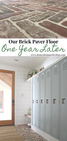 the before and after of a brick floor in a room with two lockers next to each other