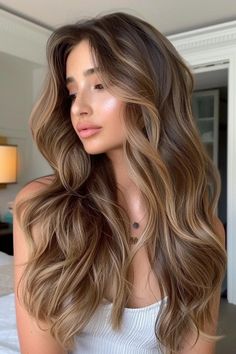 Woman with long, wavy brown hair and subtle highlights, wearing a white top, looking off to the side in a softly lit room. Naturally Highlighted Brown Hair, Natural Highlights For Brunette Hair, Light Brown Brunette Balayage, Fall Brown Hair Balayage, Winter 2024 Balayage, Soft Autumn Highlights, Auburn Brown With Blonde Highlights, Pumpkin Spice Brunette Hair, Hair Color For The Fall