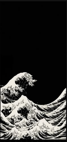 a black and white drawing of waves in the night sky with dark clouds above it