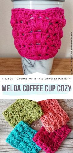 the coffee cup cozy is made with crochet