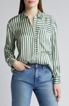 Rails Spencer Stripe Silk Shirt | Nordstrom Black Satin Shirt, Silk Shirts, Early Fall Outfit, Stripe Silk, Interview Outfit, Satin Shirt, Airport Outfit, Silk Shirt, Minimalist Outfit