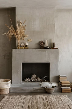 a living room with a fire place, rug and books on the floor in front of it