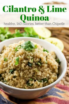 cilantro and lime quinoa in a white bowl on a colorful cloth