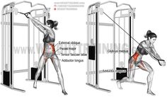 a woman is doing squats on the smith machine with muscles highlighted and labeled in red