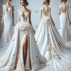 wedding dresses with flowers on the side and high slited skirt, all in white