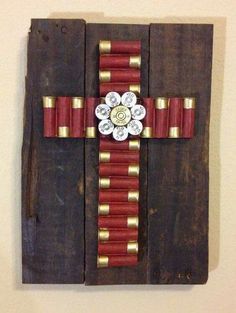 Awesome Shotgun Shell Crafts, Bullet Crafts, Bullet Art, Cross Crafts, Shotgun Shell, Recycled Pallets, Pallet Crafts, Pallet Art, Wall Crosses