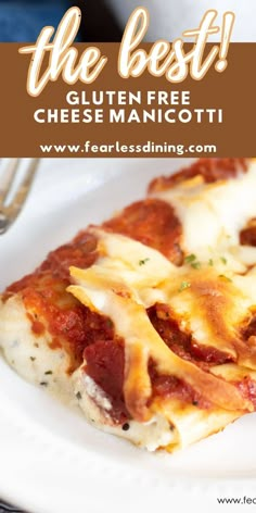 the best gluten free cheese manicotti recipe on a white plate with text overlay